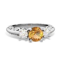 Citrine Art Deco Diamond 6Mm Round Engagment 14K White Gold ring R2003