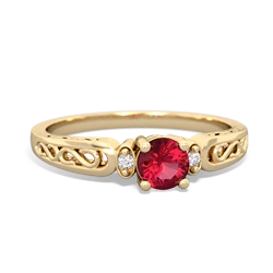 Lab Ruby Filligree Scroll Round 14K Yellow Gold ring R0829