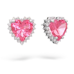 Lab Pink Sapphire Sparkling Halo Heart 14K White Gold earrings E0391