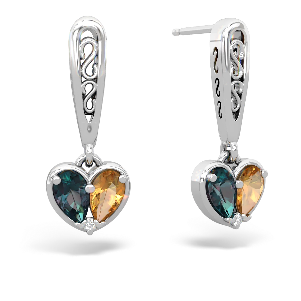 Alexandrite Filligree Heart 14K White Gold earrings E5070