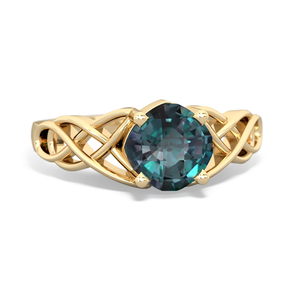 Alexandrite Checkerboard Cushion Celtic Knot 14K Yellow Gold ring R5000