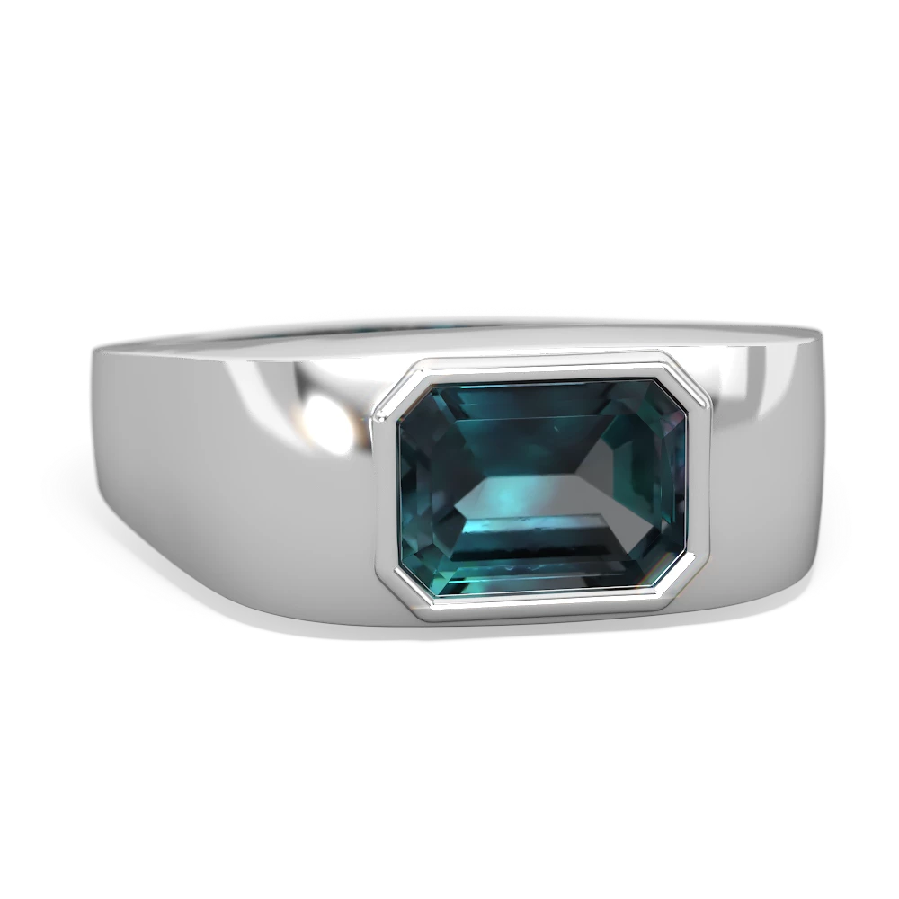 Alexandrite Men's Emerald-Cut Bezel 14K White Gold ring R0410