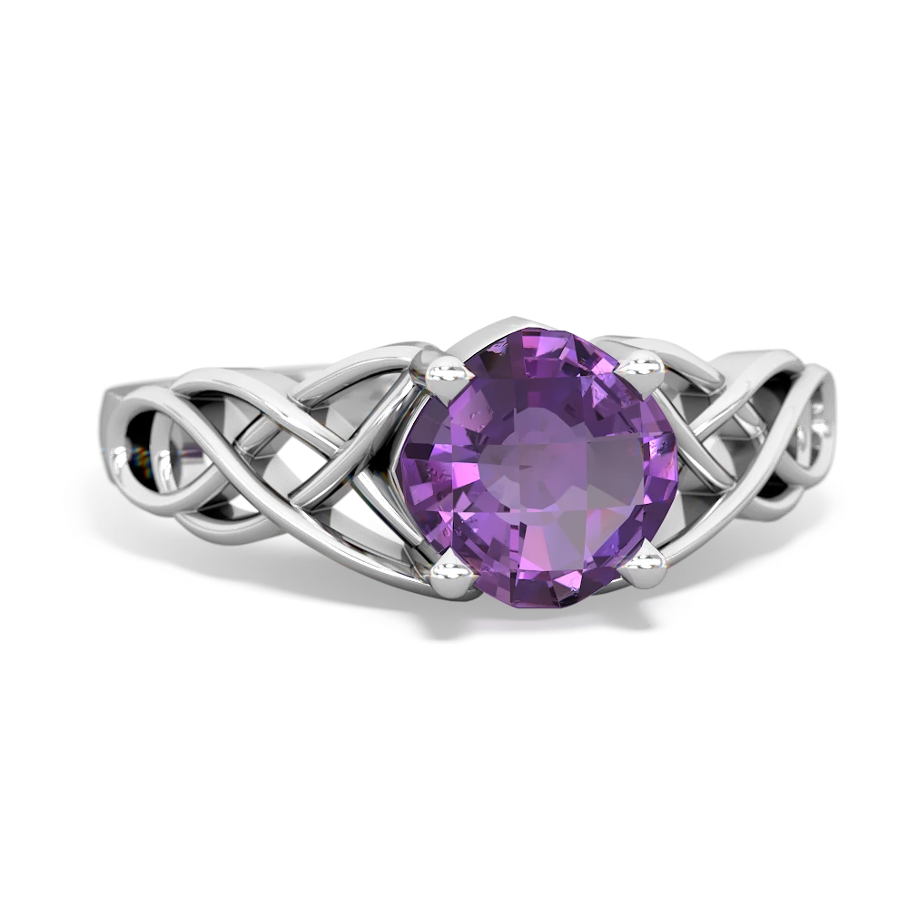 Amethyst Checkerboard Cushion Celtic Knot 14K White Gold ring R5000