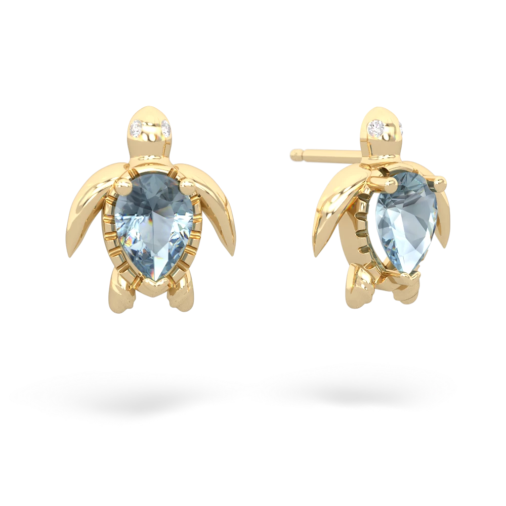 Aquamarine Baby Sea Turtle 14K Yellow Gold earrings E5241