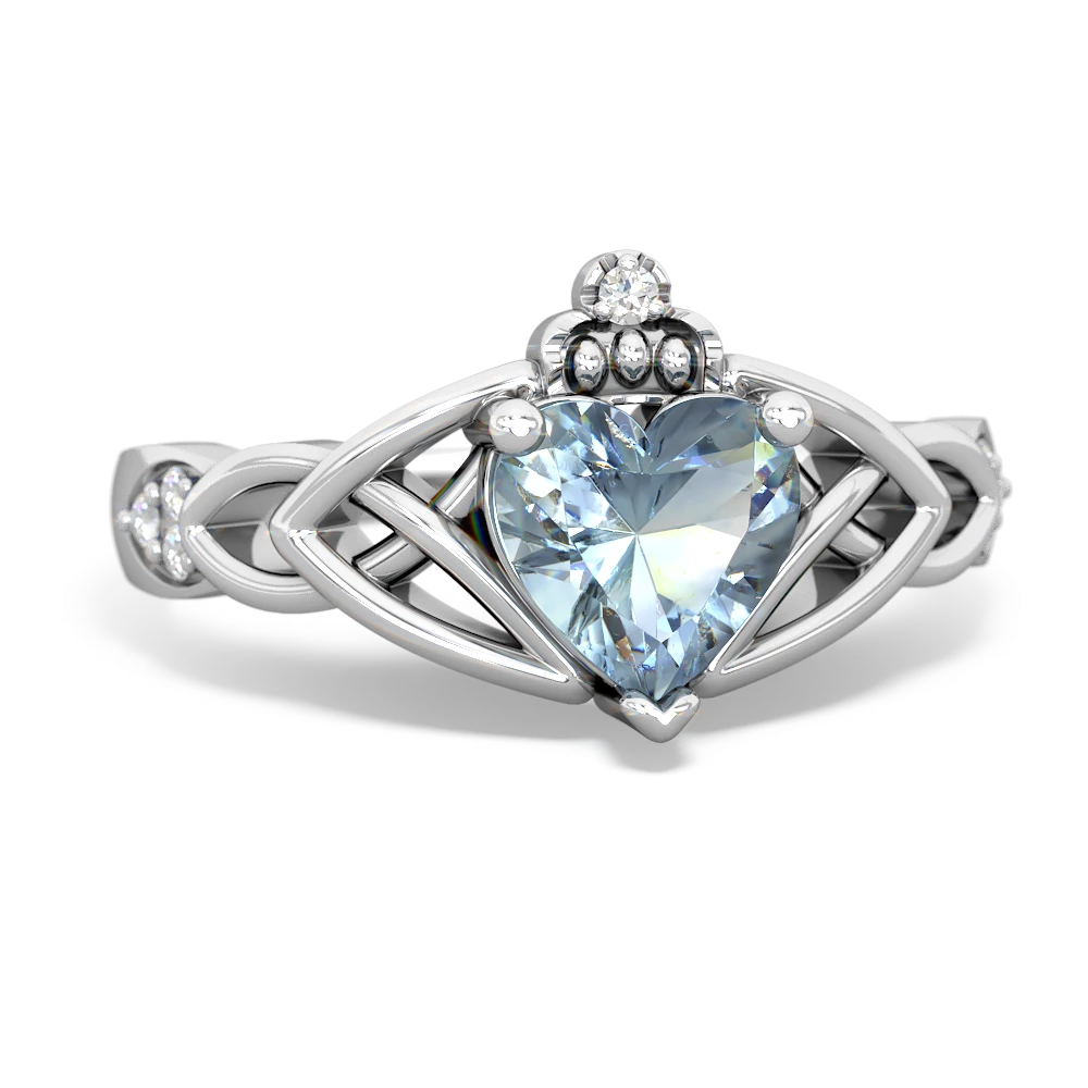 Aquamarine Claddagh Celtic Knot Diamond 14K White Gold ring R5001