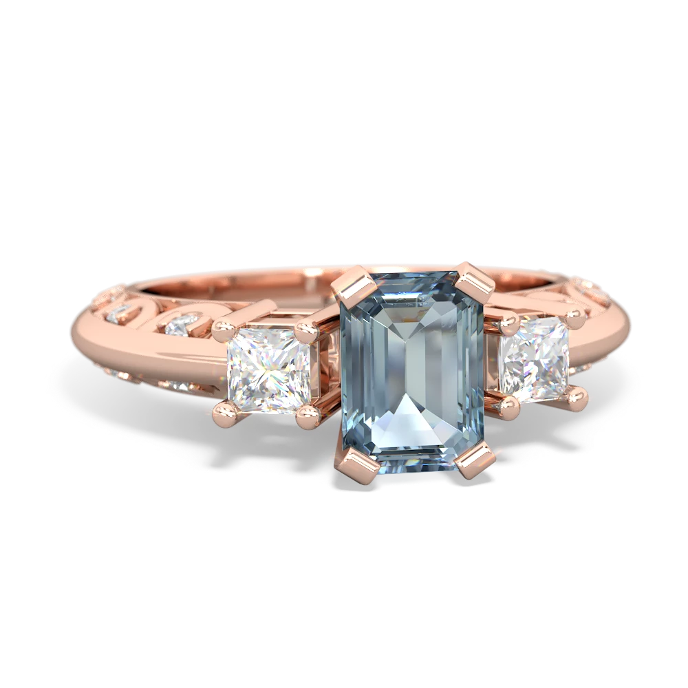 Aquamarine Art Deco Diamond 7X5 Emerald-Cut Engagement 14K Rose Gold ring R20017EM