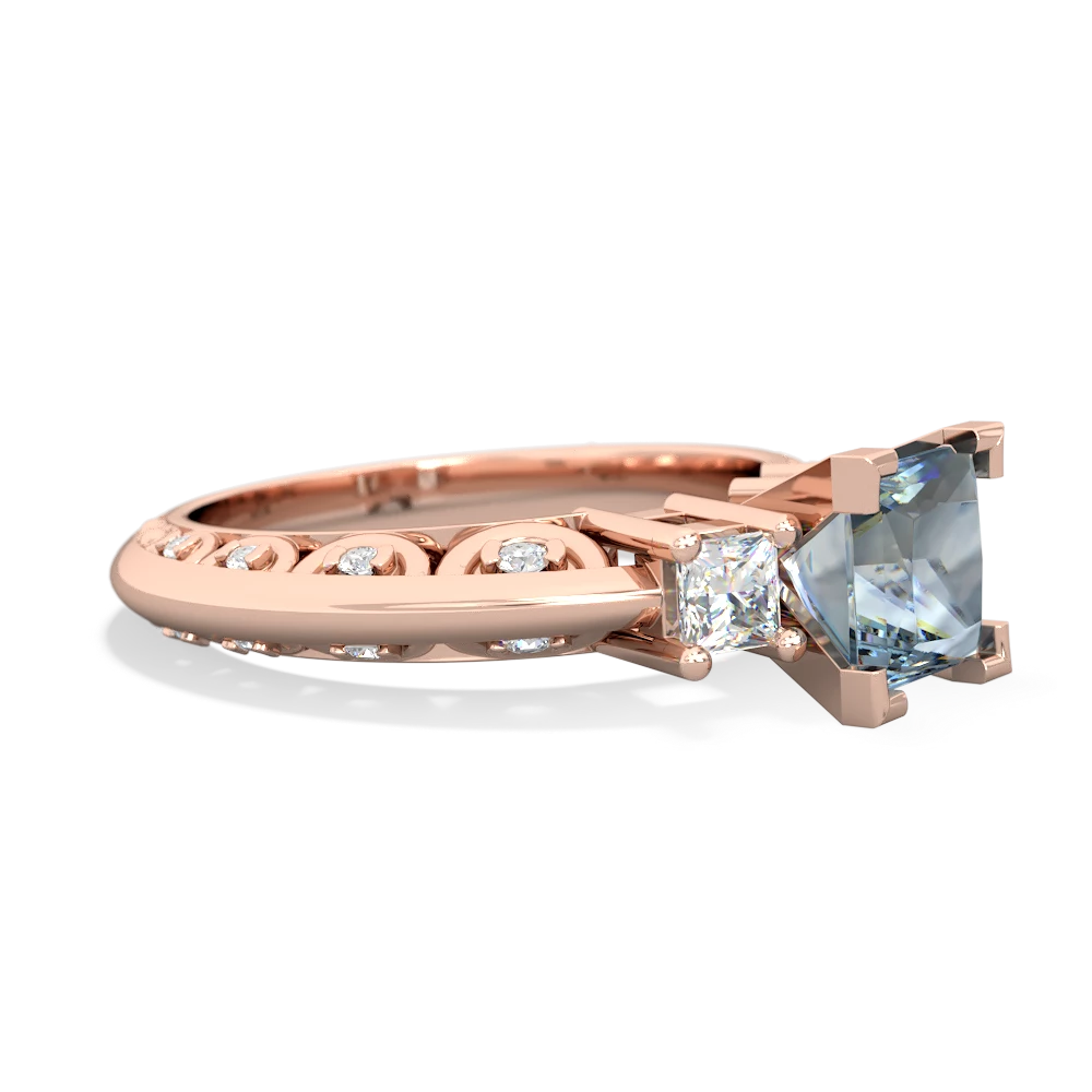 Aquamarine Art Deco Diamond Engagement 6Mm Princess 14K Rose Gold ring R2001