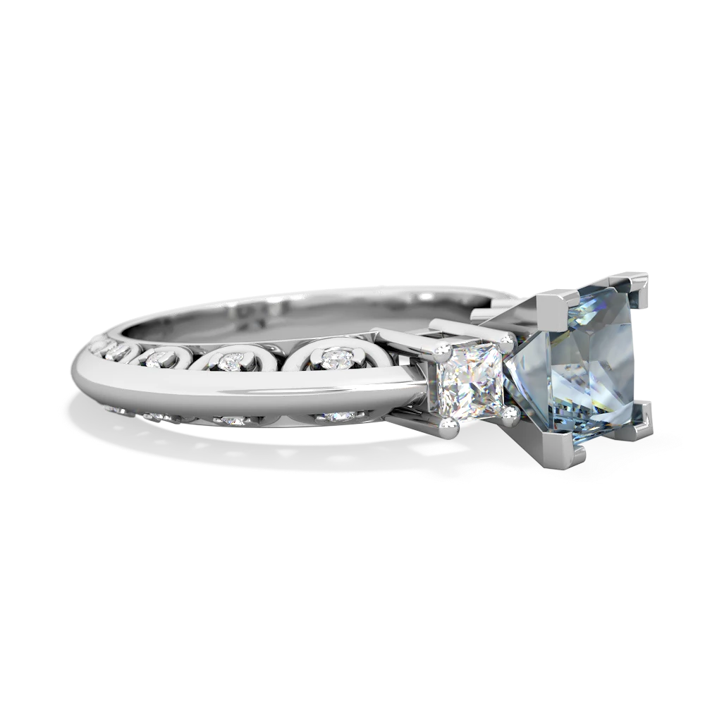 Aquamarine Art Deco Diamond Engagement 6Mm Princess 14K White Gold ring R2001