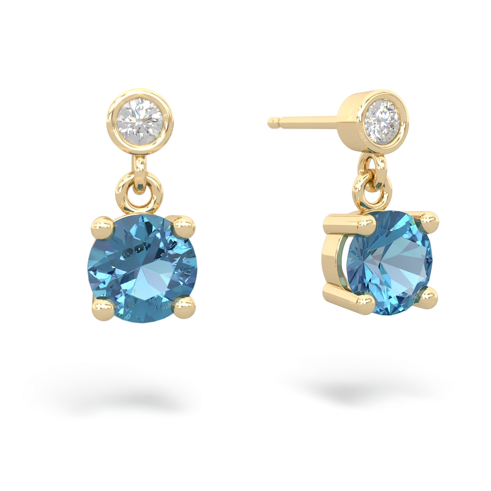 Blue Topaz Diamond Drop 6Mm Round 14K Yellow Gold earrings E1986
