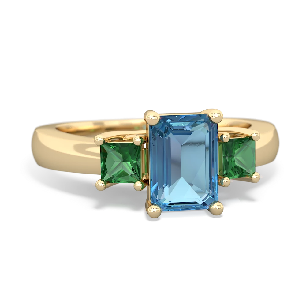 Blue Topaz Three Stone Emerald-Cut Trellis 14K Yellow Gold ring R4021