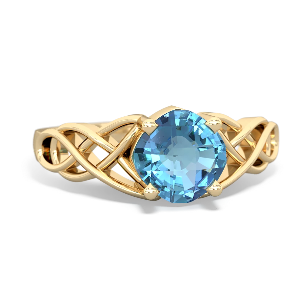 Blue Topaz Checkerboard Cushion Celtic Knot 14K Yellow Gold ring R5000