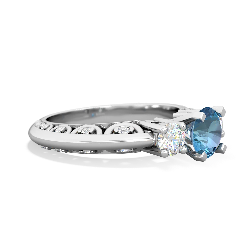 Blue Topaz Art Deco Diamond 6Mm Round Engagment 14K White Gold ring R2003