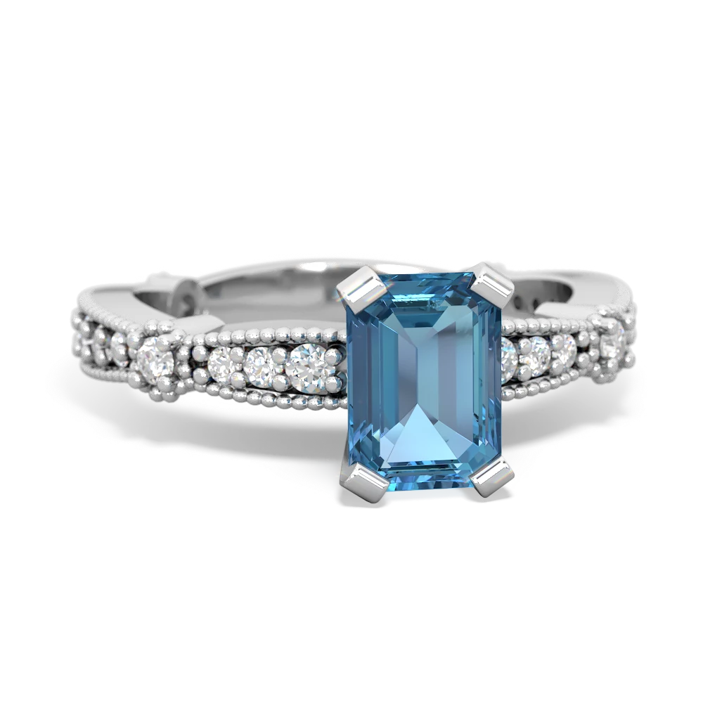 Blue Topaz Sparkling Tiara 7X5mm Emerald-Cut 14K White Gold ring R26297EM