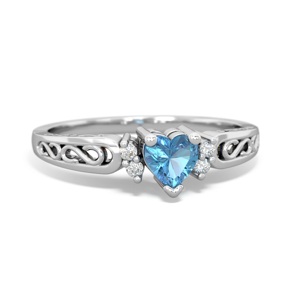 Blue Topaz Filligree Scroll Heart 14K White Gold ring R2429