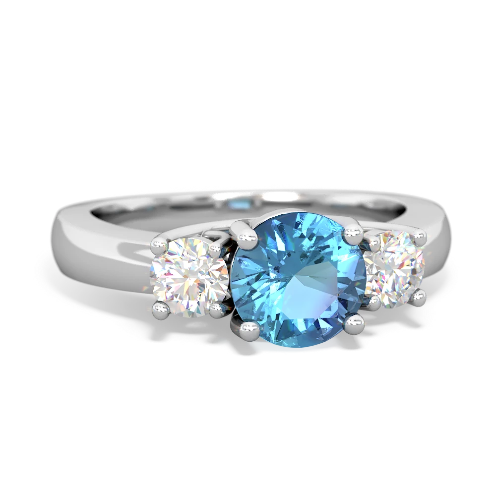 Blue Topaz Diamond Three Stone Round Trellis 14K White Gold ring R4018