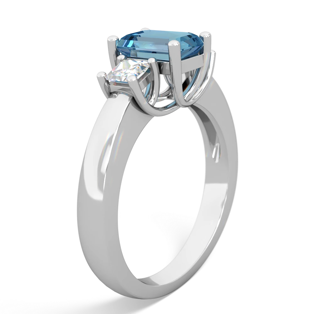 Blue Topaz Diamond Three Stone Emerald-Cut Trellis 14K White Gold ring R4021