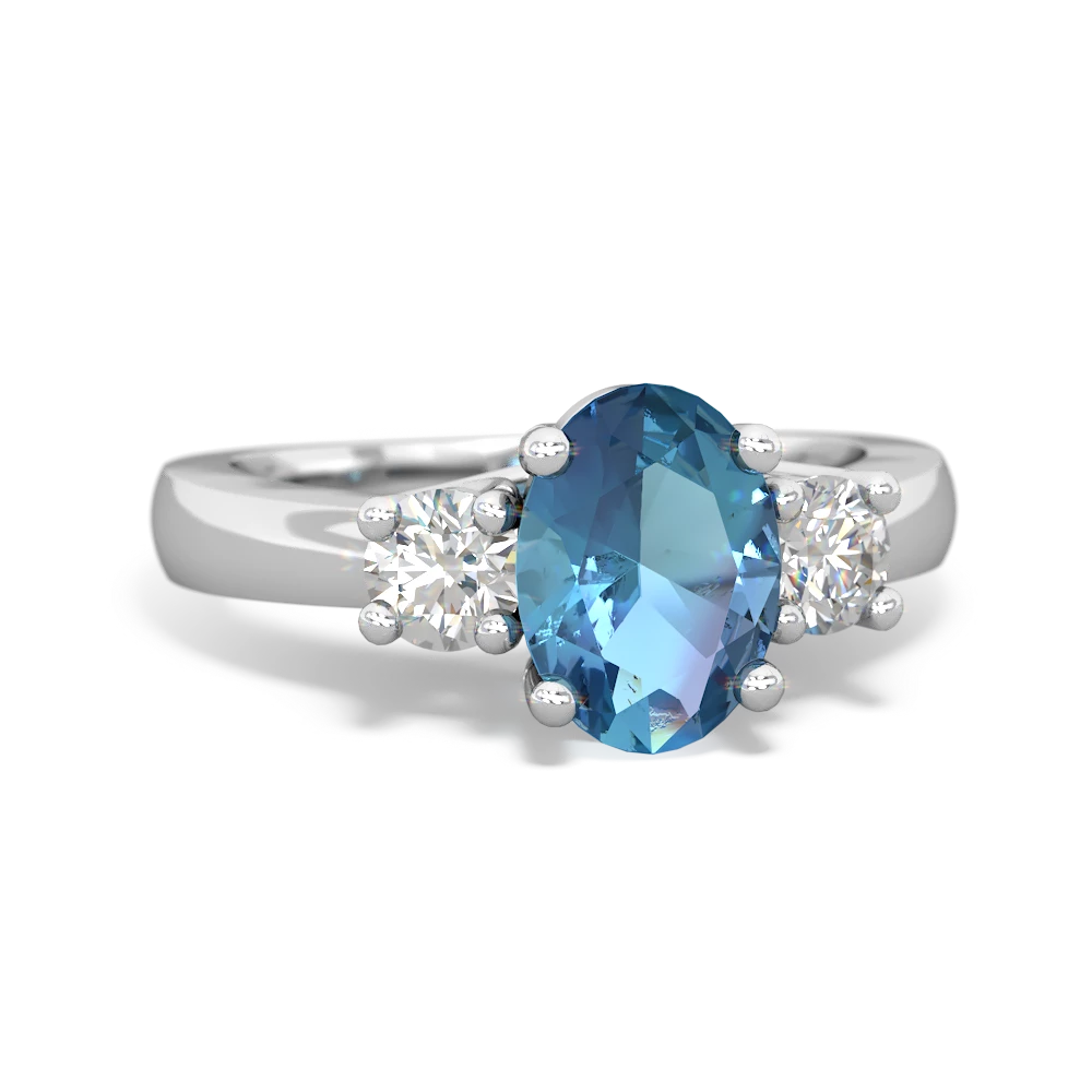 Blue Topaz Diamond Three Stone Oval Trellis 14K White Gold ring R4024