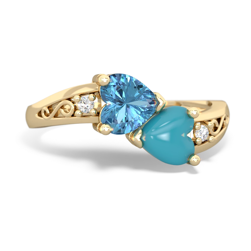Blue Topaz Snuggling Hearts 14K Yellow Gold ring R2178