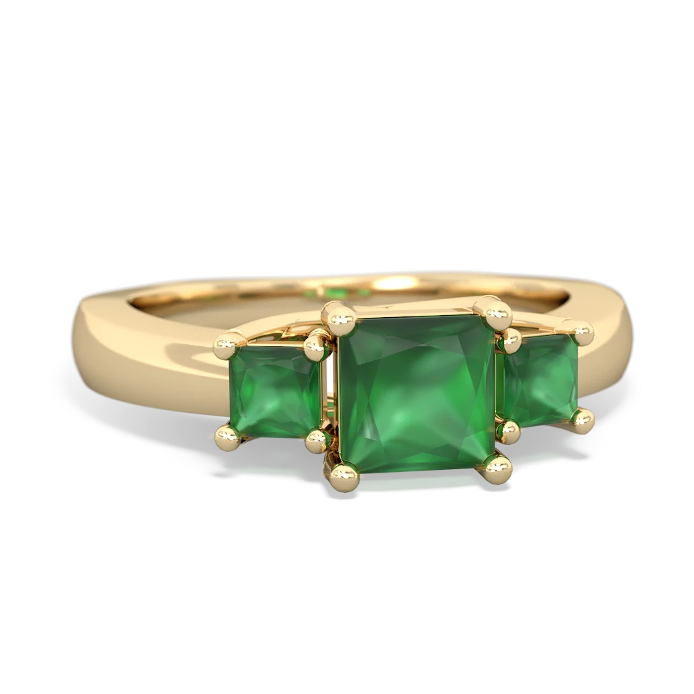 Lab Emerald Three Stone Trellis 14K Yellow Gold ring R4015