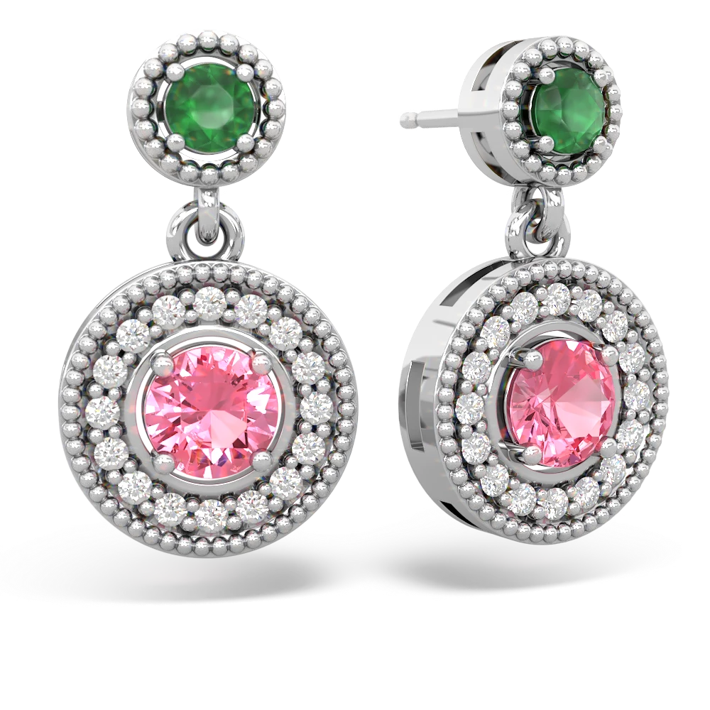 Emerald Halo Dangle 14K White Gold earrings E5319