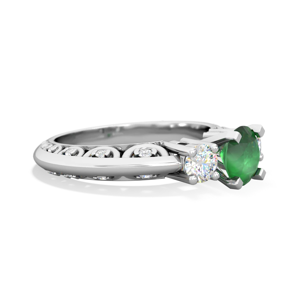 Emerald Art Deco Diamond 6Mm Round Engagment 14K White Gold ring R2003
