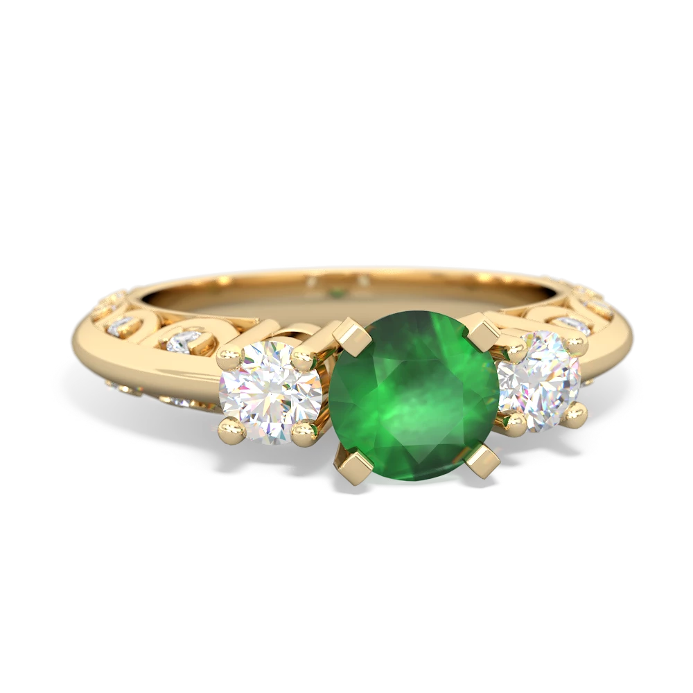 Emerald Art Deco Diamond 6Mm Round Engagment 14K Yellow Gold ring R2003