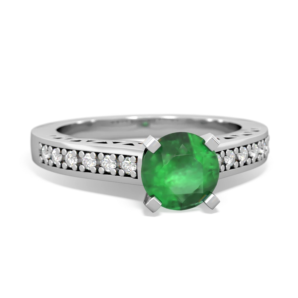 Emerald Art Deco Engagement 6Mm Round 14K White Gold ring R26356RD