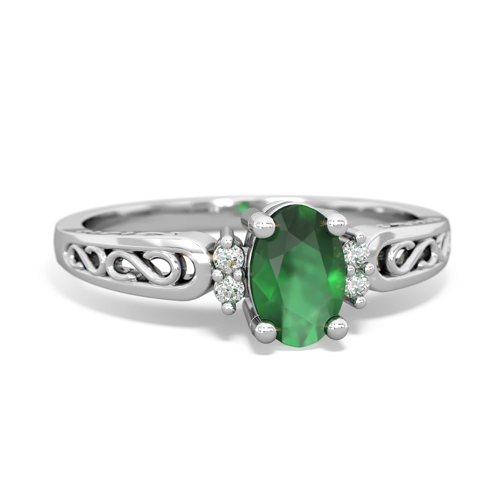 Emerald Filligree Scroll Oval 14K White Gold ring R0812