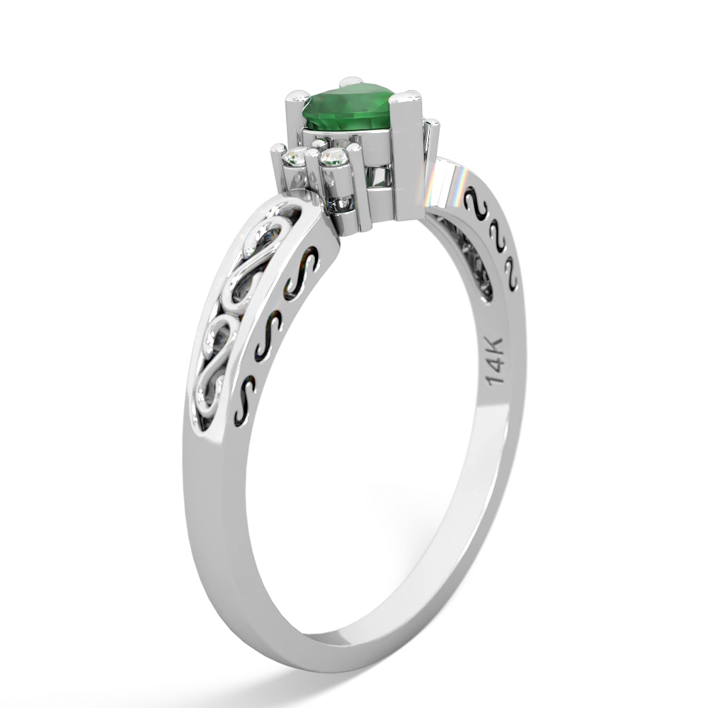 Emerald Filligree Scroll Heart 14K White Gold ring R2429