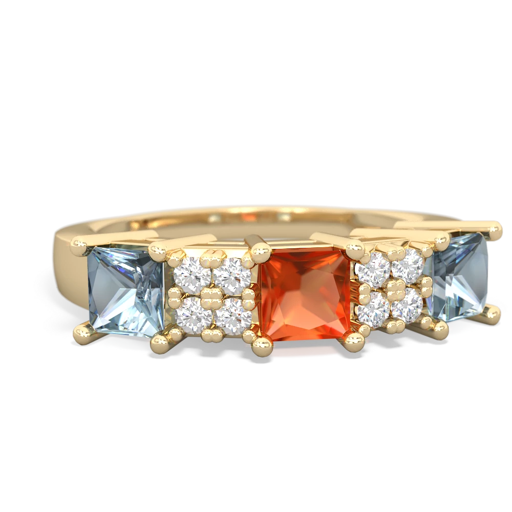 Fire Opal Three Stone Diamond Cluster 14K Yellow Gold ring R2592