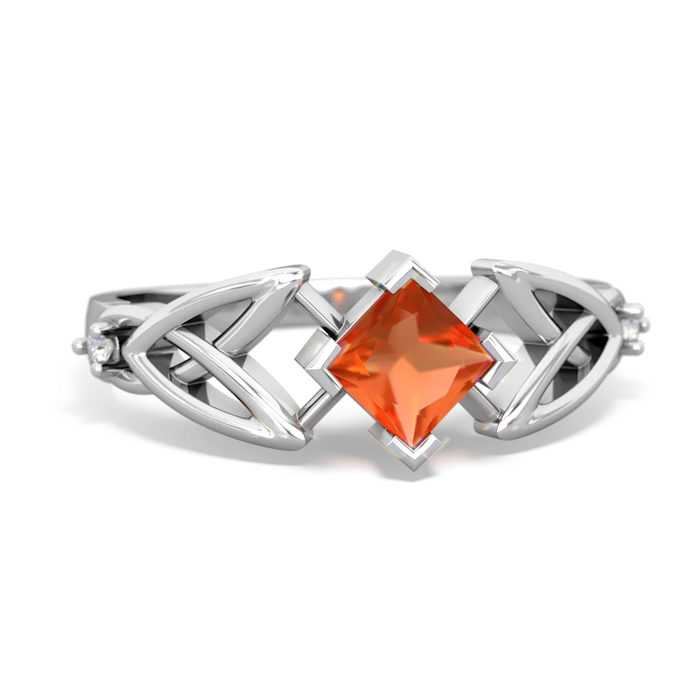 Fire Opal Celtic Knot Princess 14K White Gold ring R3349
