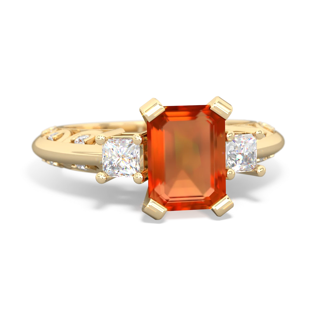 Fire Opal Art Deco Diamond 8X6 Emerald-Cut Engagement 14K Yellow Gold ring R20018EM