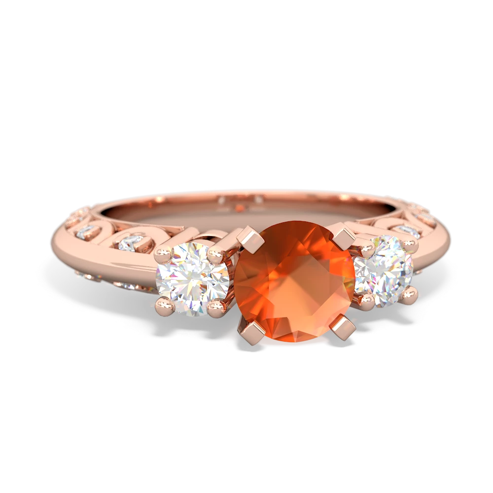 Fire Opal Art Deco Diamond 6Mm Round Engagment 14K Rose Gold ring R2003
