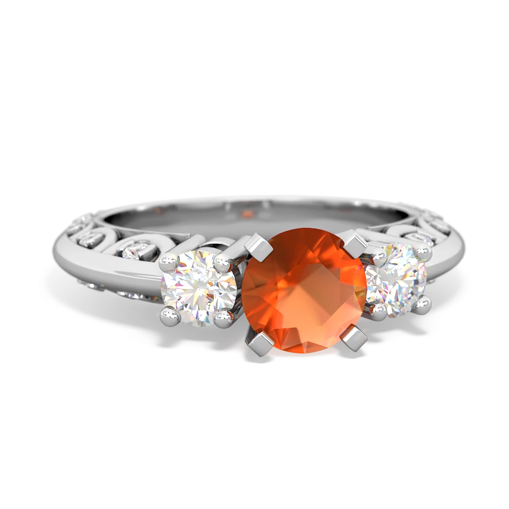 Fire Opal Art Deco Diamond 6Mm Round Engagment 14K White Gold ring R2003