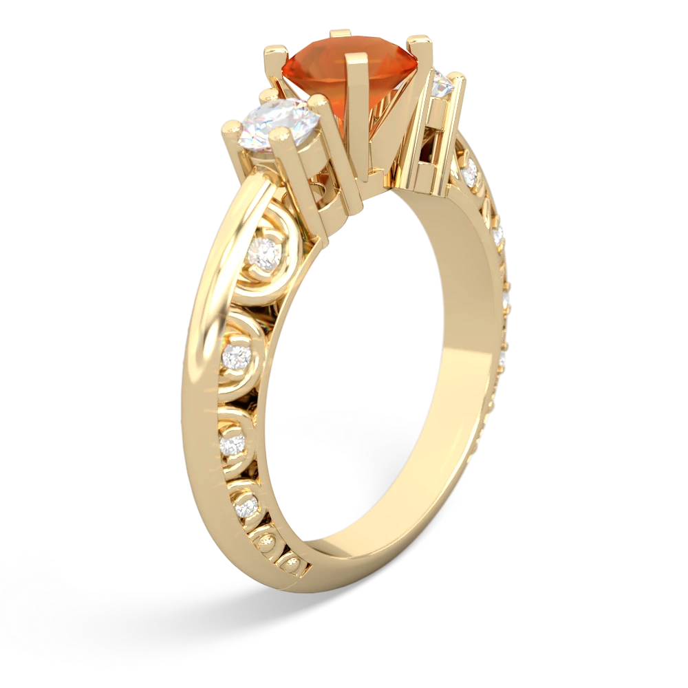 Fire Opal Art Deco Diamond 6Mm Round Engagment 14K Yellow Gold ring R2003