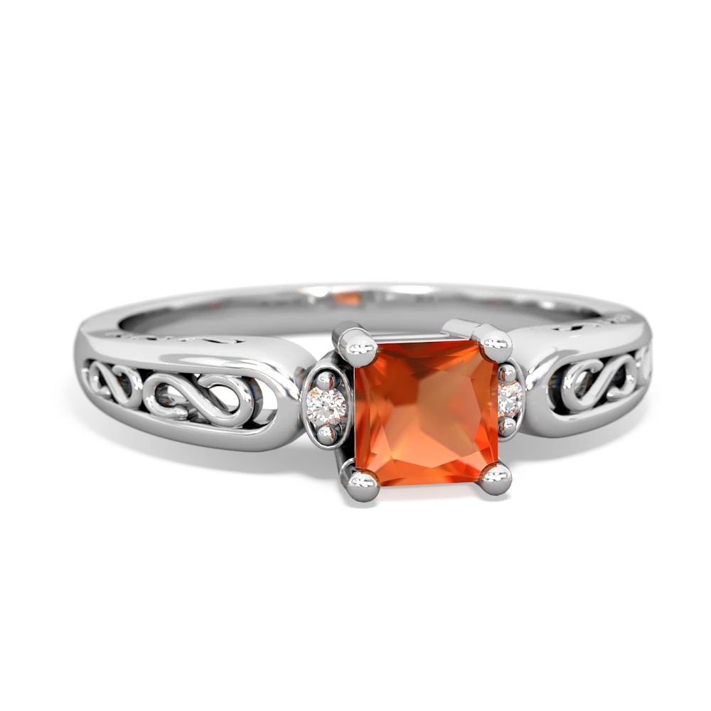 Fire Opal Filligree Scroll Square 14K White Gold ring R2430