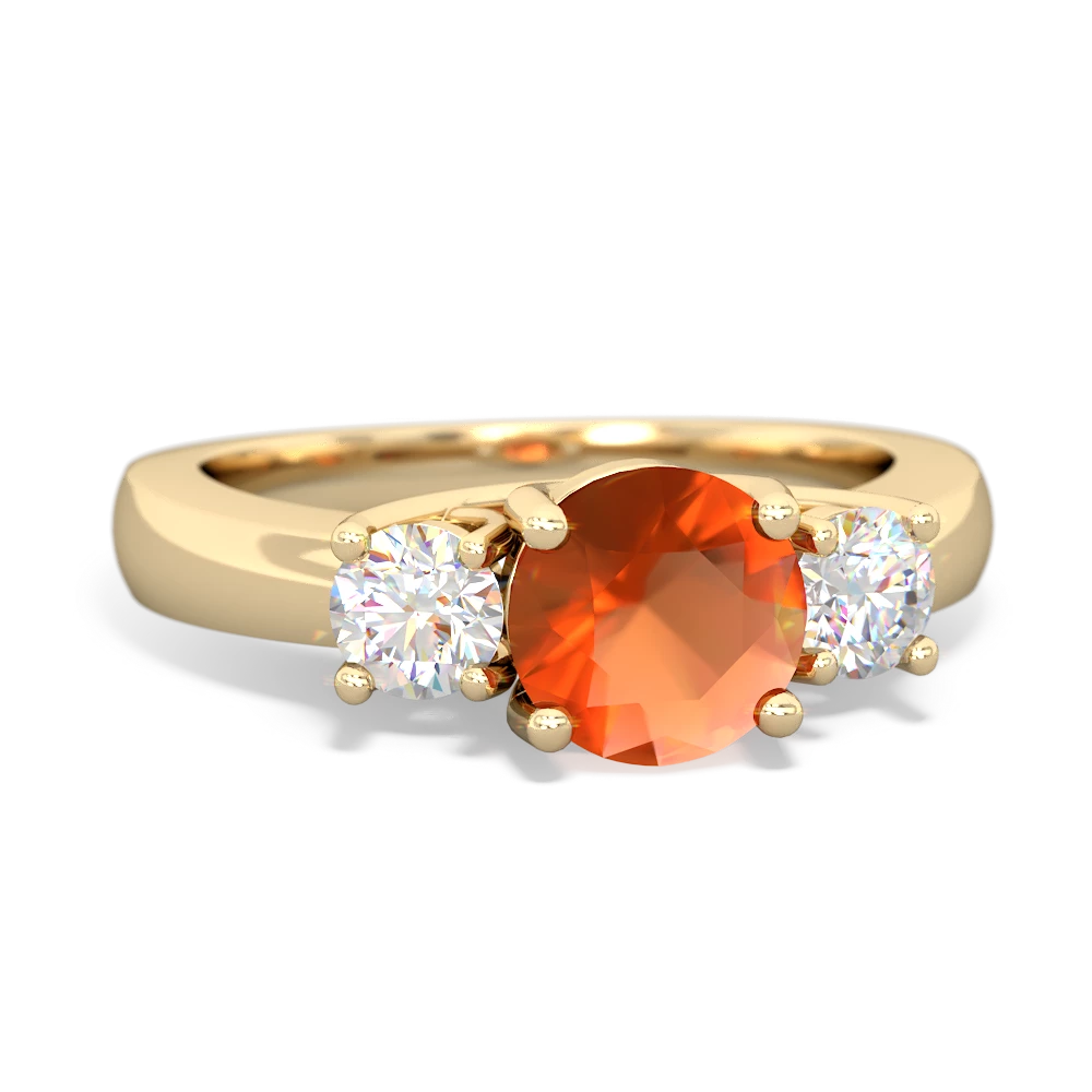 Fire Opal Diamond Three Stone Round Trellis 14K Yellow Gold ring R4018