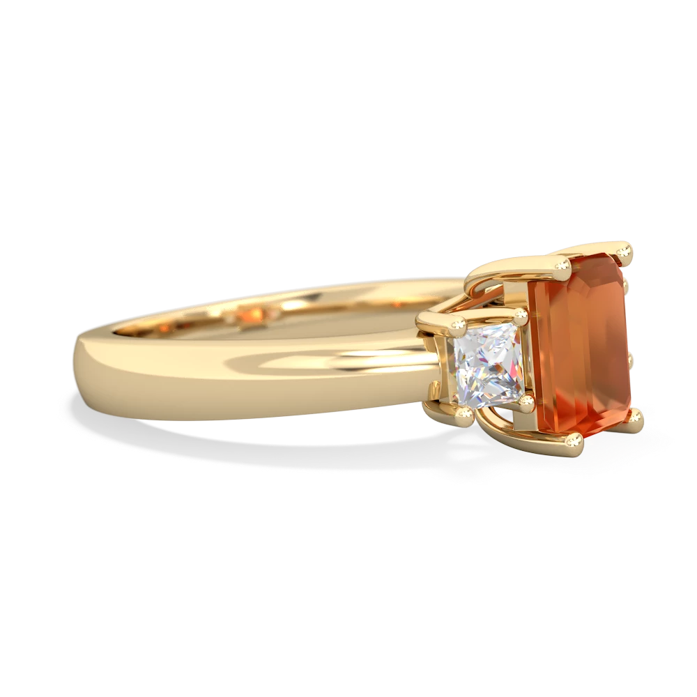Fire Opal Diamond Three Stone Emerald-Cut Trellis 14K Yellow Gold ring R4021