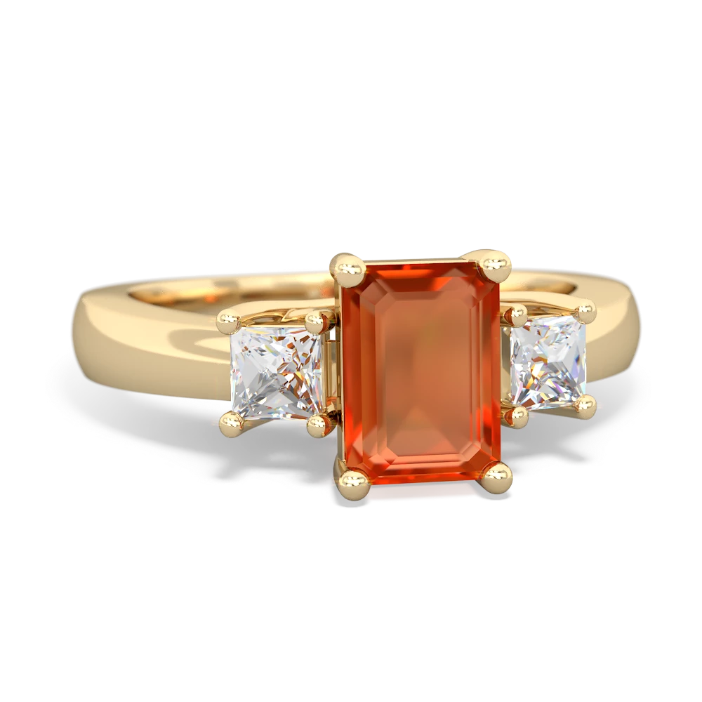 Fire Opal Diamond Three Stone Emerald-Cut Trellis 14K Yellow Gold ring R4021