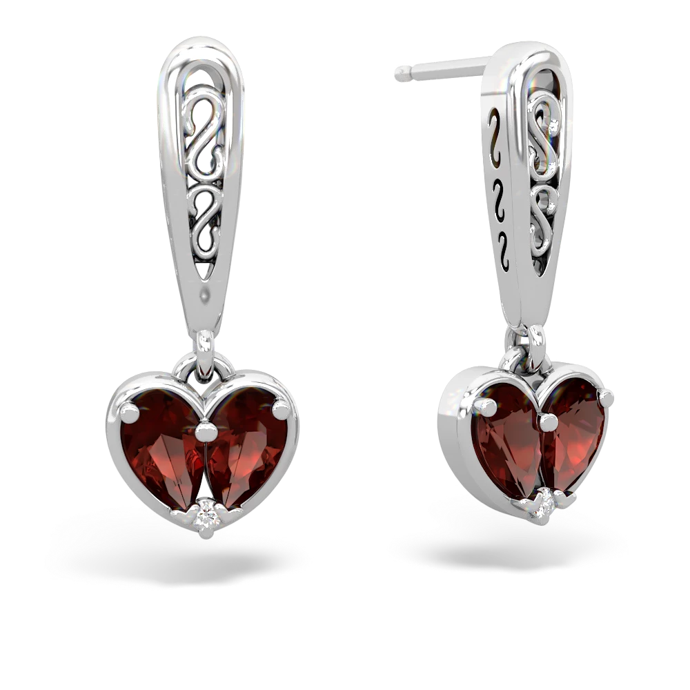 Garnet Filligree Heart 14K White Gold earrings E5070