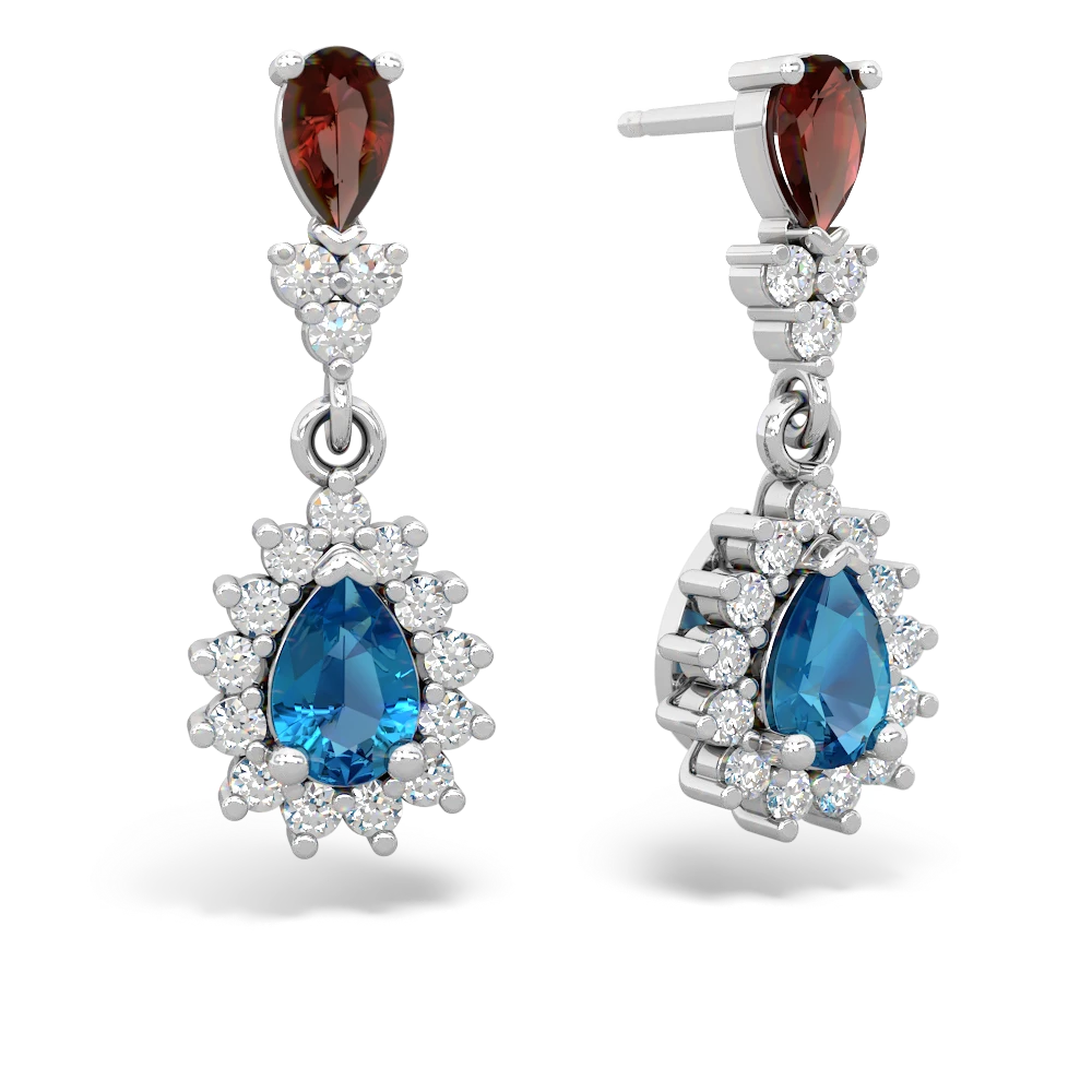 Garnet Halo Pear Dangle 14K White Gold earrings E1882