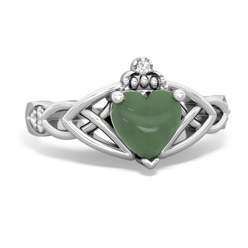Jade Claddagh Celtic Knot Diamond 14K White Gold ring R5001