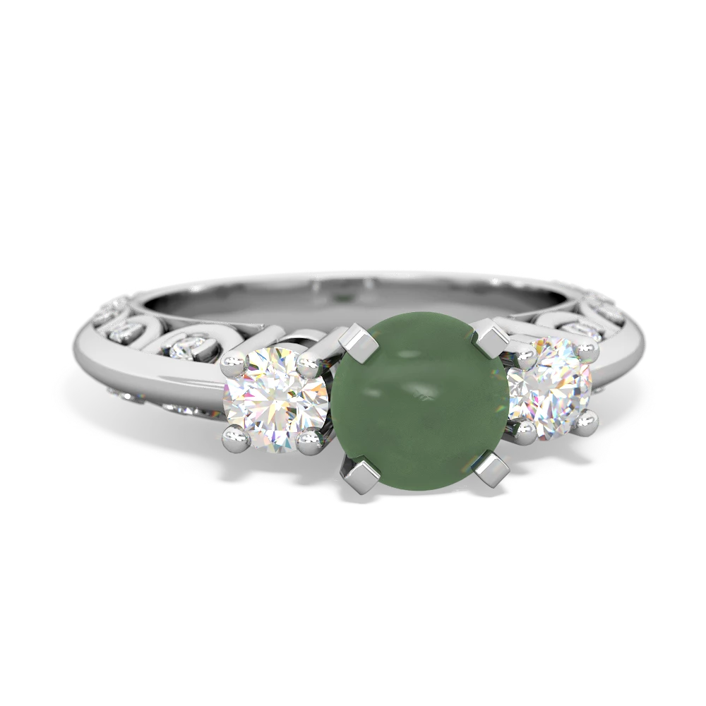 Jade Art Deco Diamond 6Mm Round Engagment 14K White Gold ring R2003