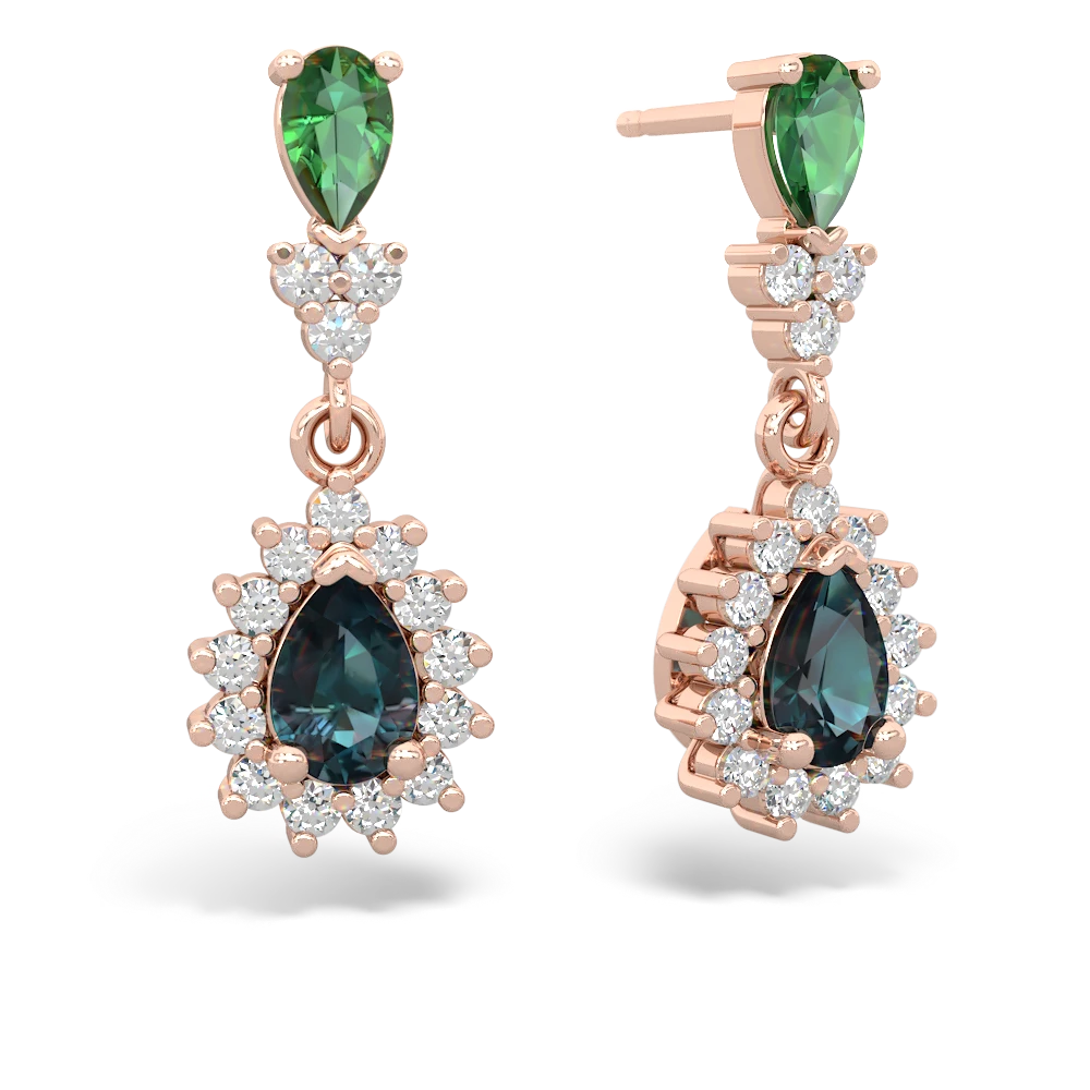 Lab Emerald Halo Pear Dangle 14K Rose Gold earrings E1882