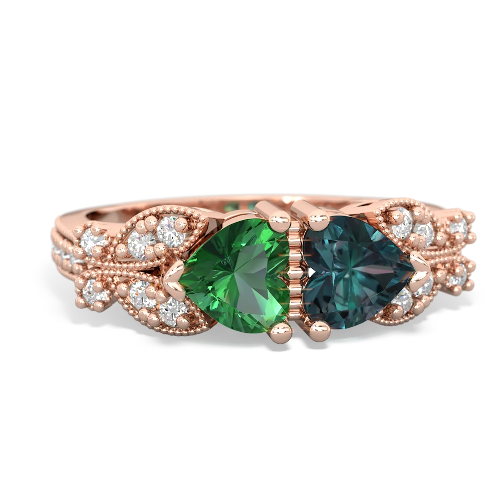Lab Emerald Diamond Butterflies 14K Rose Gold ring R5601