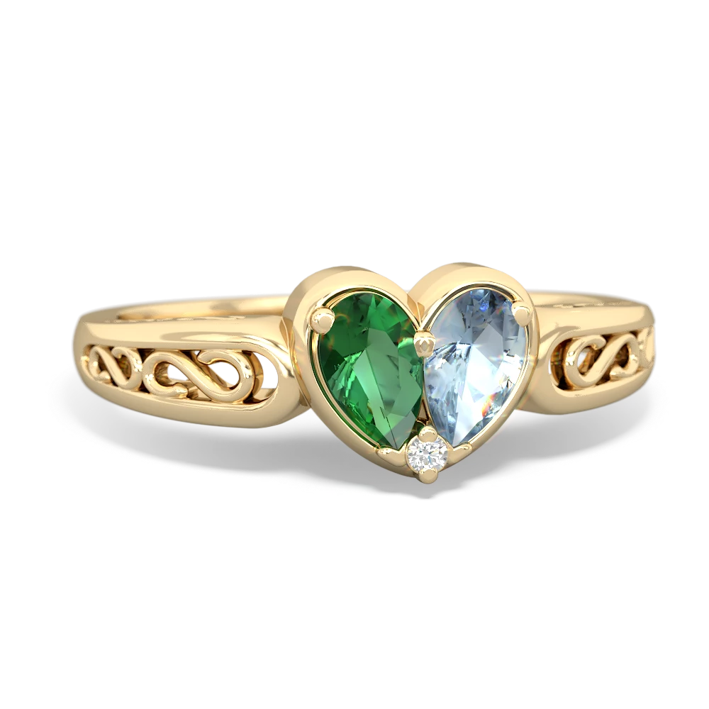 Lab Emerald Filligree 'One Heart' 14K Yellow Gold ring R5070