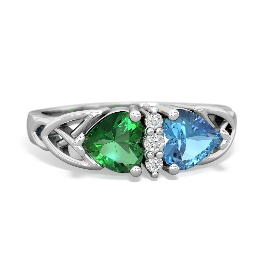 Lab Emerald Celtic Knot Double Heart 14K White Gold ring R5040