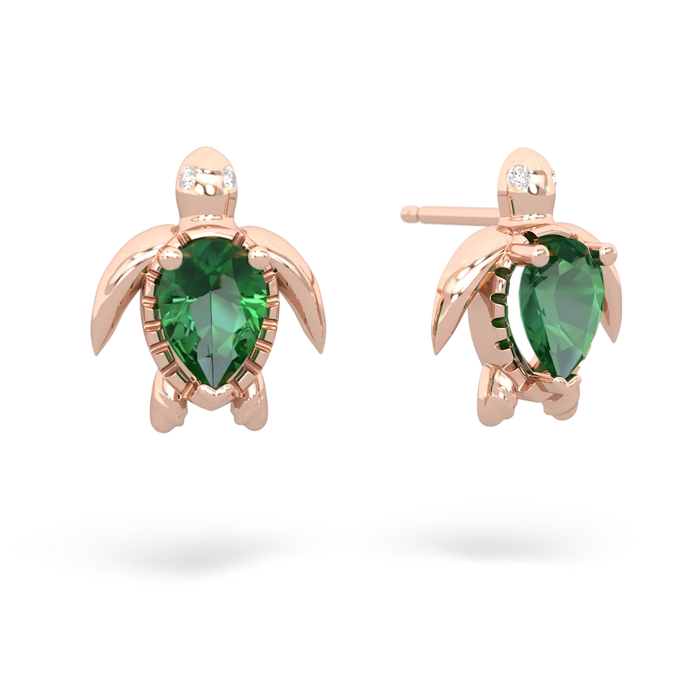 Lab Emerald Baby Sea Turtle 14K Rose Gold earrings E5241