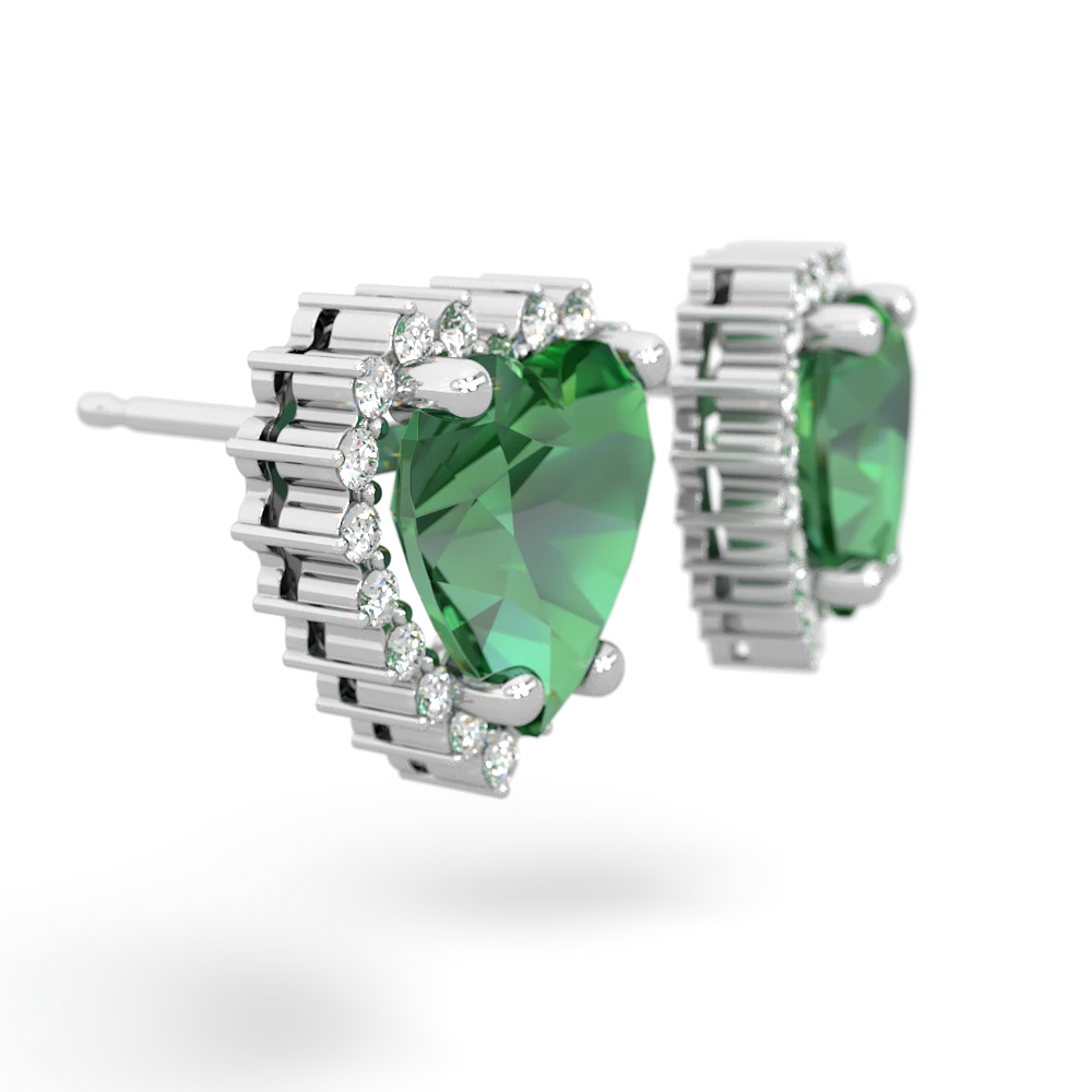 Lab Emerald Sparkling Halo Heart 14K White Gold earrings E0391