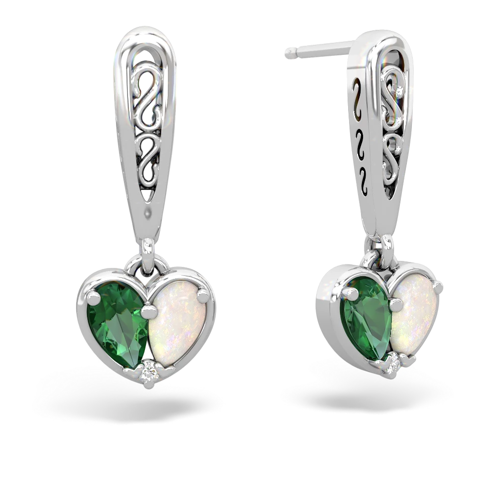 Lab Emerald Filligree Heart 14K White Gold earrings E5070